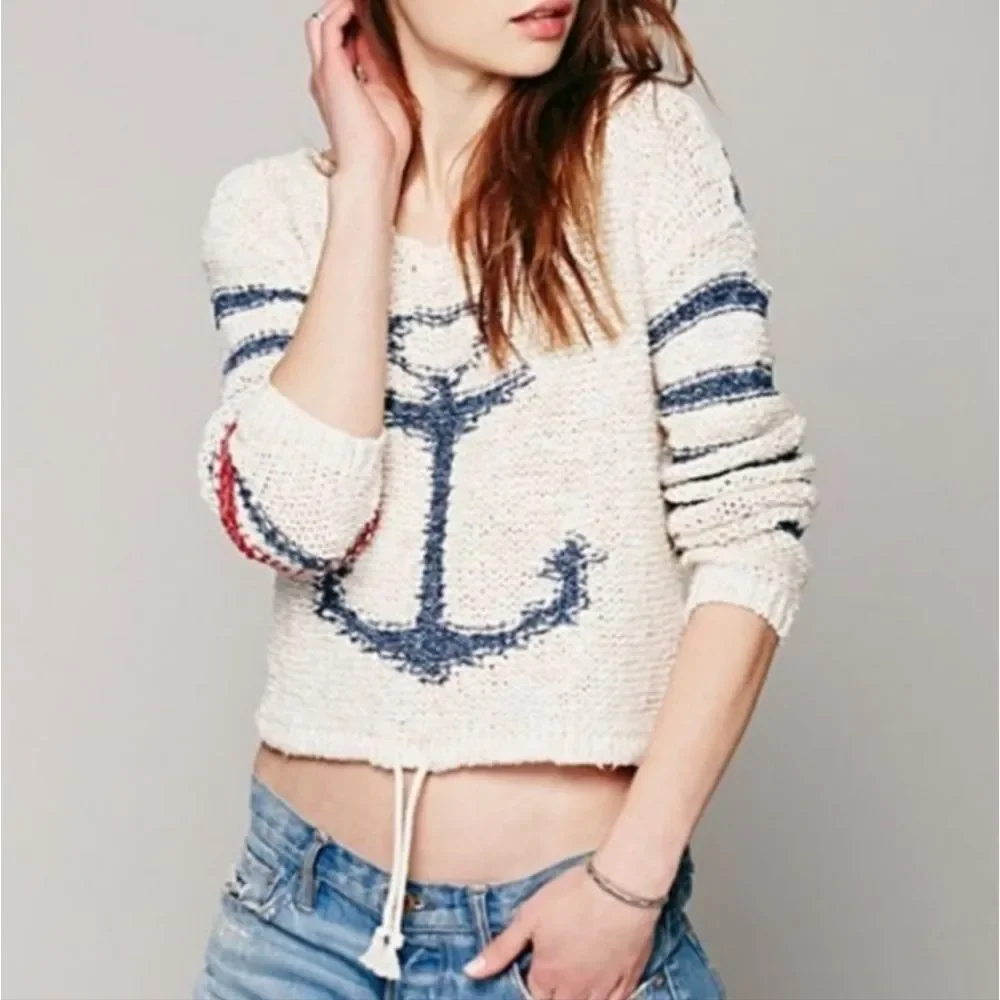 FREE PEOPLE Cream Anchor Intarsia Knit Sweater NWOT Size XS‎